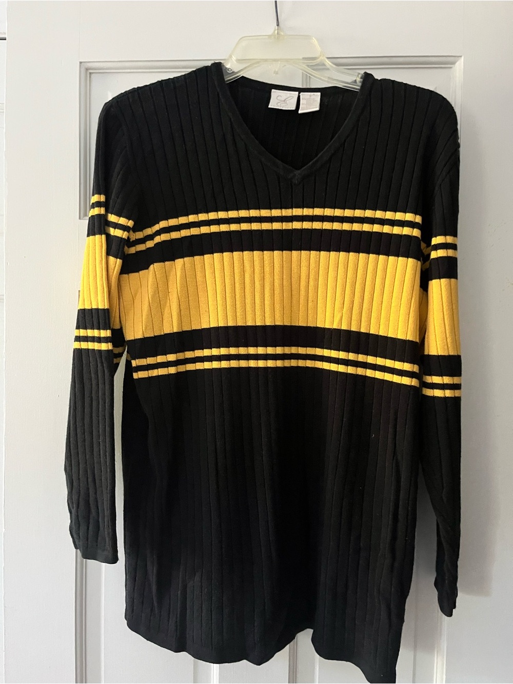 Emma James Navy V-Neck Sweater with Yellow Stripe